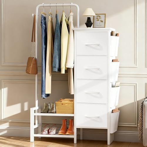 LZNIOZ Dresser with Hanging Rack - 52 Tall Clothes Rack with Drawers, 4 Drawers & 4 Side Bags, Fabric Chest of Drawers with with Bottom Shelves, Kids Dresser for Bedroom, Living Room-White