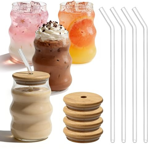 4 Stück Gerippte Trinkgläser mit Glasstrohhalmen, 530ML Cocktailgläser Eiskaffee Gläser mit Deckel und Strohhalm, Luftblasengläser mit Strohhalmen, Kaffeegläser Trinkgläser für Cocktails Whiskey Tee