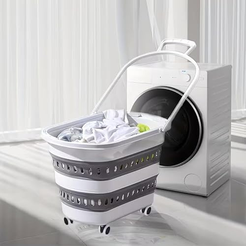 Panier Corbeille à linge retractable et pliable avec roulettes - 45 litres - Blanc Gris
