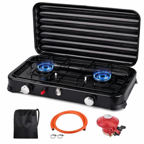 Qdreclod Cocina Gas Portátil 2 Fuegos 4,4 kW, Hornillo Camping Gas Butano con Encendido Piezoeléctrico, Manguera 150 cm y Regulador 37 mbar, Tapa Extraíble para Camping y Barbacoa, Negro