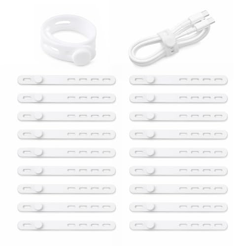 20 Pièces Serre Cable en Silicone Réutilisables avec Boucle Verrouillage | Organisateur de Câbles Réglable, Attaches de Câble Elastiques, Ajustables, Blanc, Lavable, pour Maison et Voyages