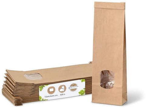 Bolsas de papel con fondo plano tamaño XS con ventana y cierre de clip 500 unidades I bolsas de papel kraft marrón con ventana y revestimiento de película de PP I bolsas de galletas, etc