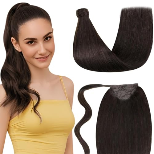 LaaVoo Ponytail Extensions Echthaar Braun Echthaar Pferdeschwanz Extensions Dunkelbraun Invisible Zopf Extensions Echthaar Haarverlängerung Zopf Extensions Short 70g #2 30cm