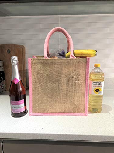 Medium Large Natural Jute Bag with Contrasting Blue Handle and Blue Sides and Natural Jute Bag with Pink Handle and Sides Pack Size 1 to 100 30cm x 30cm x 20cm (Pink Sides & Handles, 1)