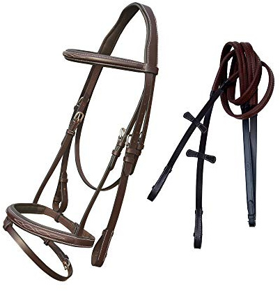 ExionPro Exion English Jumping Bridle with Flash & Rubber Reins – Anatomical Padded Horse Bridle – Premium Leather Designer Stitched Hunter Jumper Tack – SS Buckles – Pony, Cob, Full, Warmblood