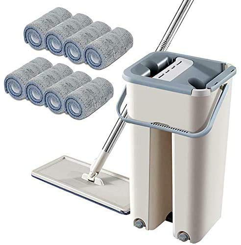 Kaibrite Kit balai serpillère à manche télescopique à 360 °, plat, auto-nettoyant, avec 10 chiffons en microfibre et seau pour nettoyage du sol