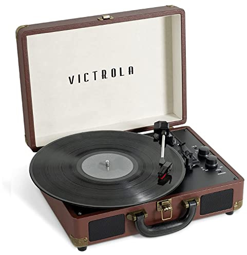 Victrola Journey Bluetooth Portable Suitcase Record Player – with Built-in Speakers, 3 Speed Vinyl Record Player, RCA Out, Headphone Jack (Dark Brown)