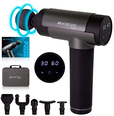 Mobiclinic® fitness, Pistola per massaggio muscolare, Marchio europeo, Con display, Massaggi, 6 testine differenti, Massaggiatore tessuti profondi, 30 livelli di intensità, Grigio