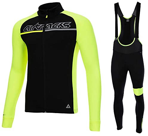Airtracks Herren Winter Fahrradtrikot Set Pro Team II - Thermo Trägerhose Pro Team II - Thermo Fahrradtrikot Pro Team - optimal für Herbst - Winter - schwarz-neon - XL