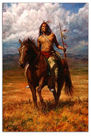 HOPNRU Native American Indian Warrior Landscape Oil Painting Poster Wall Art Picture Print Canvas Painting Modern Home Decortion Poster (12x18inch(30x45cm),No Framed)