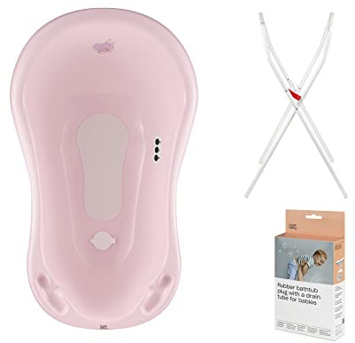 Hylat Baby Babybadewanne mit Thermometer, Gestell und Abfluss - ergonomisch und komfortabel für Neugeborene und Babys