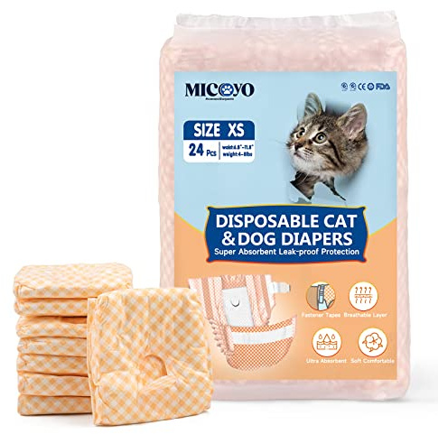 MICOOYO Pannolini usa e getta per cani femmina, super assorbenti, per gatti e cani di piccola taglia, pannolini per gatti a prova di perdite per donne in calore (arancione, XS, 24 pezzi)