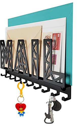 SirHoldeer Schlüsselbrett mit Ablage, Briefablage Wand, Schlüsselhalter Wand, Schlüsselaufhänger mit 10 Haken, Schlüssel Aufbewahrung, Schlüsselboard Schwarz, Key Holder Wall, Wanddeko Metall