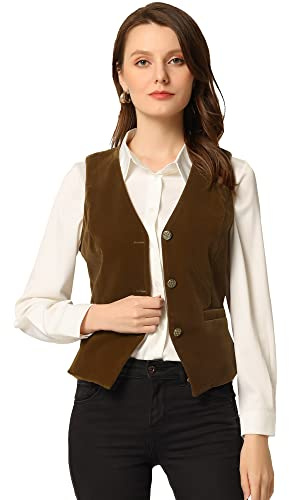Allegra K Damen Weste Steampunk Samt Weihnachten Ärmellos Button Down V-Ausschnitt Anzugwesten, Braun, Large