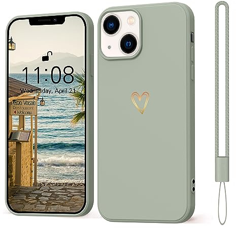 Mitetabo für iPhone 13 Mini Hülle Gold Liebesherz, Handyhülle iPhone 13 Mini Mädchen Case Weich Silikon Slim Stoßfest Kratzfeste Süßes Gold Love Schutzhülle für iPhone 13 Mini 5.4 Kupfergrün