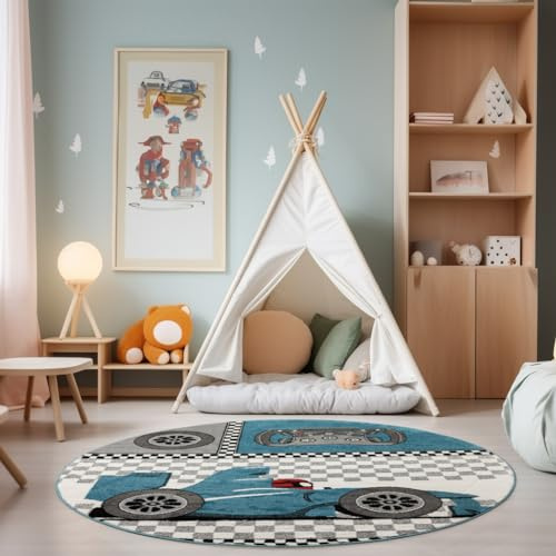 SIMPEX Runder Kinderteppich Rennwagen Ø160 cm Großer Spielteppich für Jungen Buntes Autorennen Design & Hautfreundlich