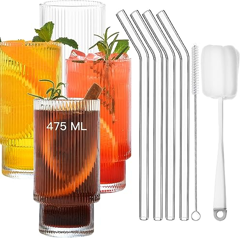 ALINK Juego de 4 vasos de cóctel con pajita, 2 cepillos de limpieza, vasos en forma de lata para familia, camping, fiestas, bares (475 ml)