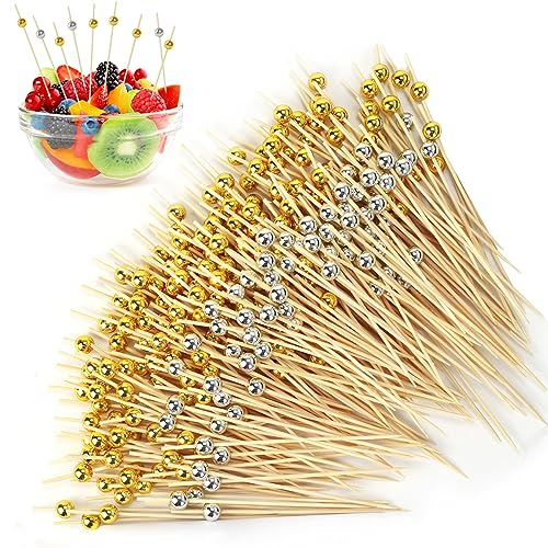 Toivize 300 Piezas Palillos de Cóctel, Palillos de Bambú para Cócteles Decoración para Cócteles con Perla Dorada Perla Plateada para Cócteles, Aperitivos y Decoración de Fiestas, 12.5cm