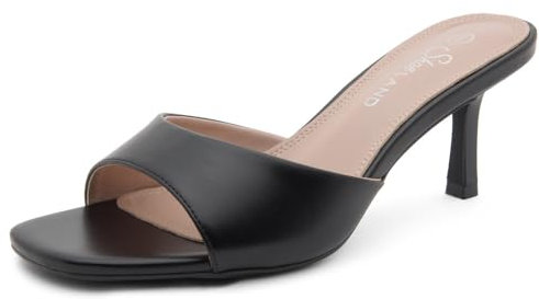 Shoe Land Women's Low Heels Stiletto Heeled Slides, Open Toe One Band Slip-On Heeled Mules – Dressy Heeled Sandals for Prom, Party Wedding and Vacation, Black, Size 9.0, Deverena