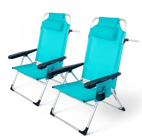 Pincho Silla Playa Plegable, Sillon Alto con Cojín, Reclinable, Altura del Asiento 29,5 cm, Asa de Transporte, Bolsillo para Movil y Bebida Textileno Resistente, Jardin, Camping, Hamaca (Turquesa, 2)