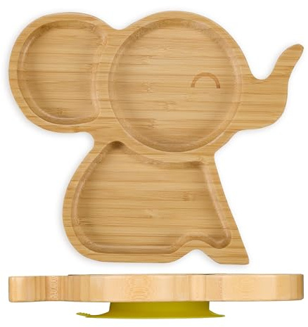 Relaxdays Piatto con Ventosa per Bambini, Piattino Pappa Svezzamento Neonati, 3 Scomparti Forma Elefante bambù, Naturale
