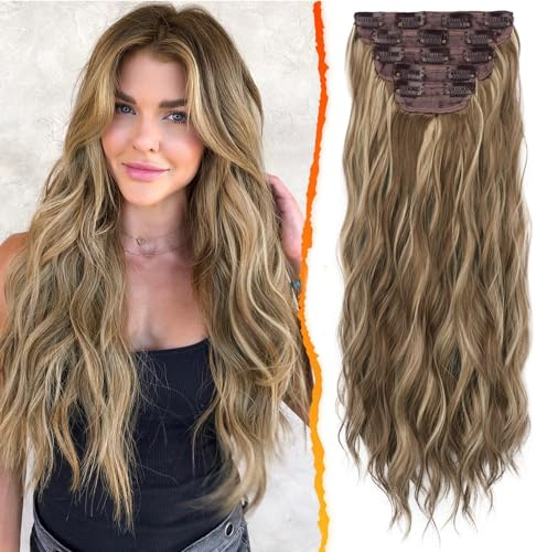 BARSDAR Clip Haare Extensions 50CM Lange Wellige Balayage Haarverlängerungen 5 STÜCKE Dickes Synthetik Clip Haarteile für Frauen Mädchen Tägliche Party - Asch Braun & Blond