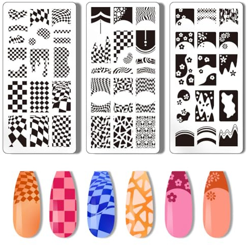 PH PandaHall 3 Stück French Nail Stamper Tartan Nail Stamping Plate French Tip Nail Art Schablonen Plaid Wave Print Nagelschablonen Edelstahl Nagelplatten Für Nageldesign