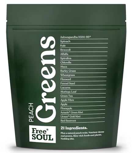 Free Soul Greens | 21 Advanced Greens, Superfoods, and Adaptogens Including KSM-66 Ashwagandha, Vegan & Gluten-Free, Advanced Natural Formula | UK Made | 30 Servings | Peach Flavour