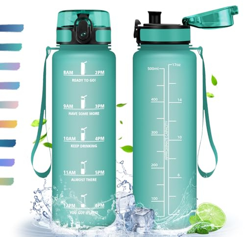 HoneyHolly Vattenflaska, 500 ml/1 000 ml, BPA-fri – sportvattenflaska, 500 ml, motiverande vattenflaska med sugrör, 2 drycksalternativ, applicera gym, skola, vandring
