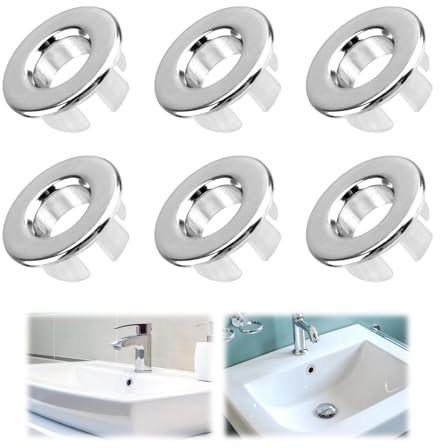 6pcs Metal Sink Overflow Caps Replacement Bath Overflow Cover Brass Basin Trim Rings Sink Overflow Cover Drain Hole Cover Ring for Kitchen Hand Basins Bathroom Round Sink Tap Hole Covers, Silver