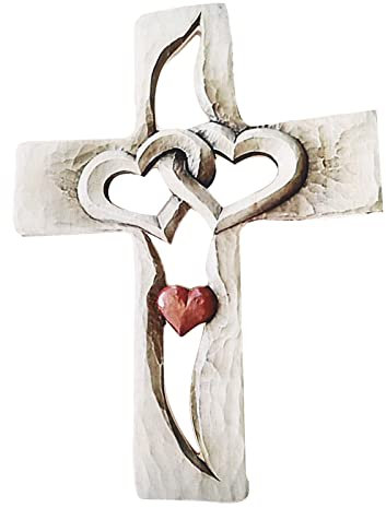 SYH&AQYE Geschnitztes Holzkreuz, Ineinander Verschlungene Herzen, Wandbehang, Handgeschnitztes Holzkreuz Im Antiken Design, Wandbehang, Handgeschnitztes Holzkreuz für Heim und Wohnzimmerdek
