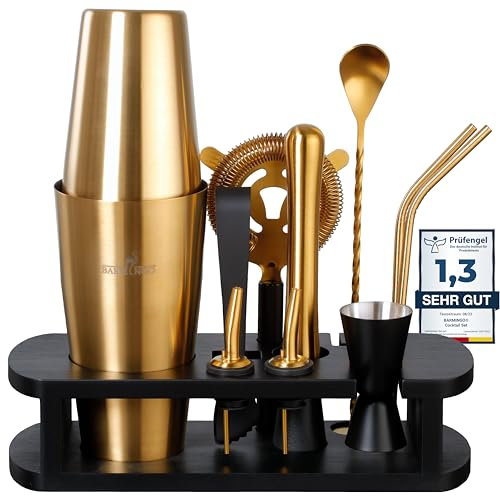 BARMINGO Set da cocktail in acciaio inox, 11 pezzi – 825 ml Boston Cocktail Shaker Set con supporto e accessori bar, set shaker da cocktail, set da bar | shaker Boston | nero oro