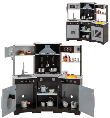 HOMASIS Juego de Cocina para niños, Cocina Infantil con Sonidos y Luces simuladas, teléfono, microondas, cafetera, heladera y Horno, Cocina de Juguete para niños de 3+ años, 110x43x92cm (Marrón)