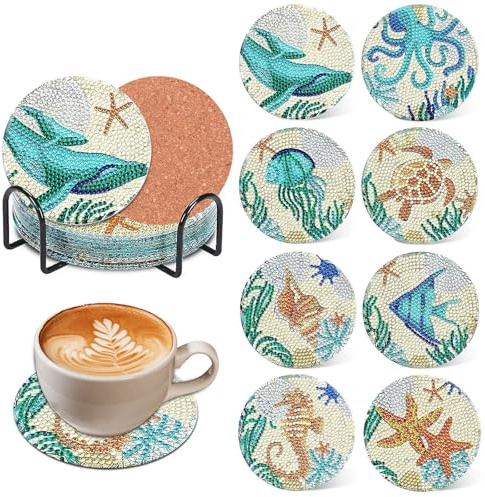 Syunyin 8 Stück Diamond Painting Untersetzer mit Halter, Diamond Painting Erwachsene Basteln 5D Diamant Tassenuntersetzer Meeresleben Set für Erwachsene, Geschenke für DIY-Liebhaber