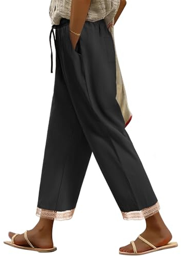 PASUDA Pantalones Mujer Casuales Algodón de Cintura Alta Elástico Verano Pantalón Deporte Cómodos Ligero de Playa con Cordón Pantalon Rectos Mujer 9/10 con Bolsillos (Negro, M)