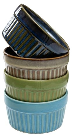 Reactive Glaze Ramekins Set Of 4 Colourful Mix Ribbed 200ml Serving Pot Dishes