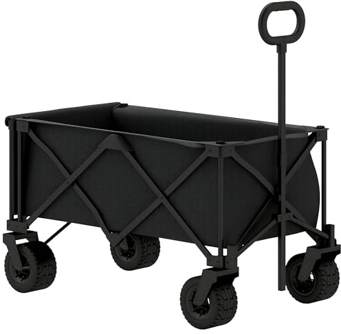 Outsunny Carro Playa Ruedas Grandes Carro de Jardín Plegable con Mango Ajustable Puerta Trasera Expandible Carga 100 kg Carrito Transporte para Todo Terreno Jardín Campaña Compra Negro