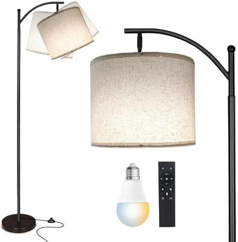 LED Stehlampe, 9W E27 Bogenlampe mit Fernbedienung und Fußschalter, Schwarz Stehlampe Dimmbar 2700K-6500K für Wohnzimmer Schlafzimmer Büro Hotel, Hoch Bogenleuchte mit Ø23CM Stoffschirm Leinen-Grau