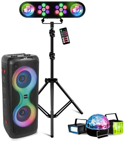 Ibiza - Pack Enceinte Bluetooth sans Fil sur Batterie 700W USB TWS Ibiza COLUMBA700 - Pied Lumière DJ - Ensemble 3 Effets Lumière LED