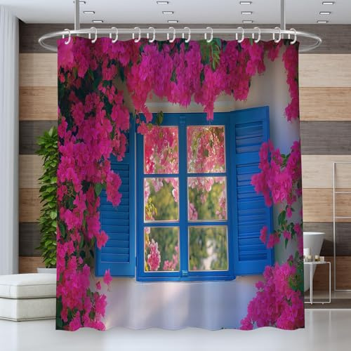 Cortina de Ducha Persianas Hermosas Flores Cortina de Baño de Poliéster Impermeable Antimoho Lavable Cortina Ducha 180 x 180 cm con 12 Ganchos para Ducha o Bañera en el Hogar