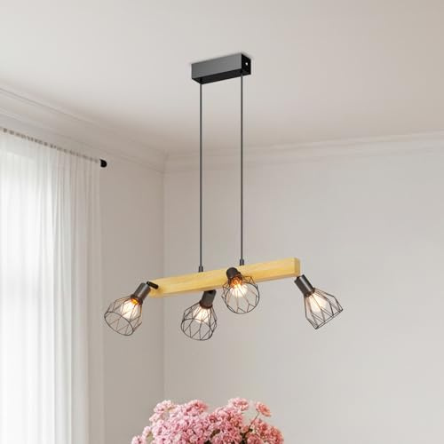 LVWIT Esszimmerlampe Hängend 4 Flammig Schwarz Deckenlampe Esszimmer Hängend, Industrial Decken Hängelampe Esstisch E14 Holz Hängeleuchte, Esszimmerlampe Küchenlampe Wohnzimmerlampe Decken