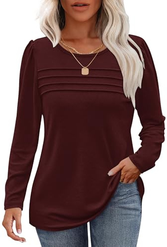 WNEEDU Damen Langarmshirt Rundhals Lässige Lose Pullover Damen Trendy Falten Sweatshirt Herbst Winter Puli Oberteile Bluse Tunika Tops Weinrot M