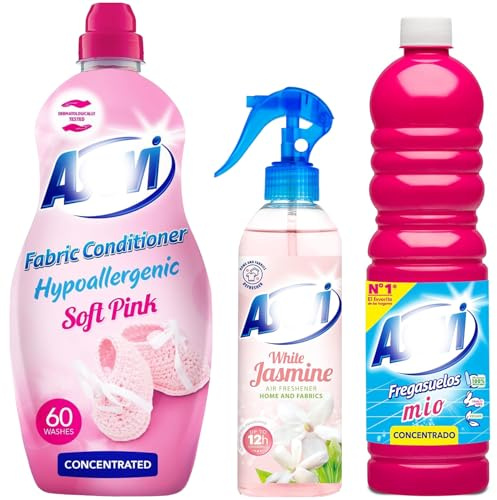 3 Piece Pink Bundle – Household Spanish Cleaning Products with White Jasmine Air Freshener 400ml, Mio Floor Cleaner 1L & Soft Pink Fabric Conditioner 60 Washes – Long-Lasting Fresh Scent