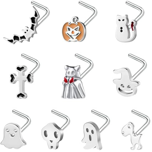 BodyAce 20G Nose Rings Halloween Nose Stud Stainless Steel Nostril Studs Ring L Shaped Nose Piercings Gothic Halloween Jewellery for women men