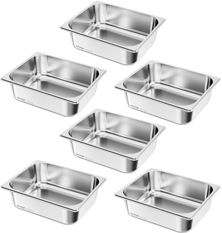 VEVOR Bac Gastronorme GN 1/2, Récipient de Restauration en Acier Inoxydable 6PCs 6 L, Bac Inox Alimentaire Profondeur 9,9 cm, Anti-adhérent et Antirouille, pour Bain-marie Buffet Chauffe-plats Hôtel