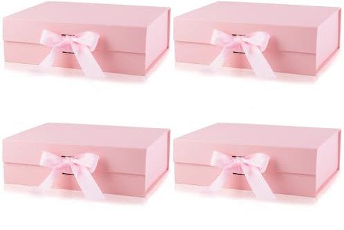 Magnetische Geschenkboxen mit Deckel, 26,2 x 19,1 x 8,1 cm, magnetisch, faltbar, Seidenband, Make-up-Kosmetikbox, wiederverwendbar, Rosa Geschenkboxen, perfekt für Brautjungfern, 4 Stück