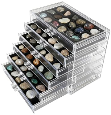 TOWEBOORY Rock Vitrine, Acryl Rock Sammelbox Schmuck Organizer Schmuckschatulle Aufbewahrungsbox mit Fächern für Kleine Sammlerstücke, Fossil Kristalle, Edelsteine, Steine (6-Stöckig)