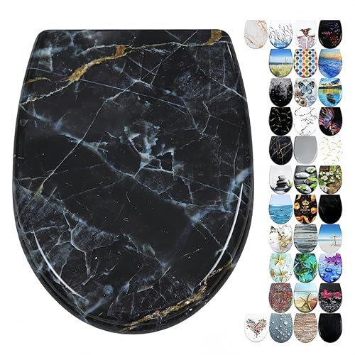 Fanmitrk Abattant WC avec système d'abaissement automatique, couvercle de toilette en Duroplast avec fermeture rapide, montage par le haut (marbre noir)