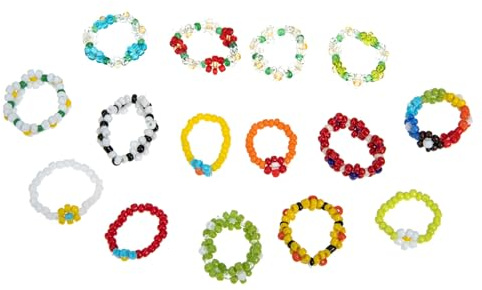 Hohopeti 15 Stück Teiliges Ästhetische Blumen Perlenringe für Damen und Teenager Modische Elastische Schmuckringe mit Langlebigem Design Hautfreundlich und Vielseitig Kombinierbar