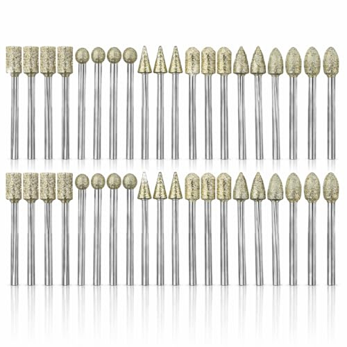 40PCS Diamond Grinding Burr Bit Set for Rotary Tool, Diamond Burr Bits with 1/8 Inch Shank Rotary Accessories for Carving Engraving and Polishing Tasks Abrasive Bits for Stone Glass and Detail Work